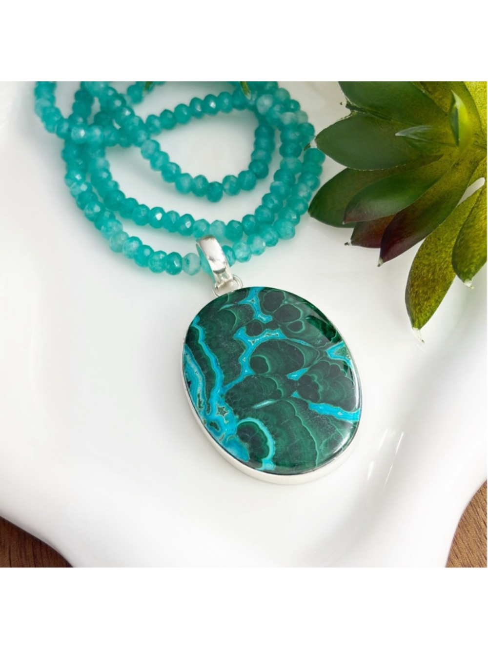 Sterling Silver 925 Large Top Quality Malachite Chrysocolla Pendant Handmade New - Picture 6 of 10